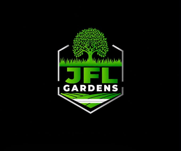 JFL Gardens logo with green tree, grass, and shield design on black background