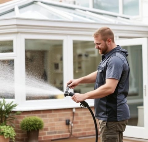 Man in blue hoodie washing a glass conservatory window with a spray hose on a brick house exterior