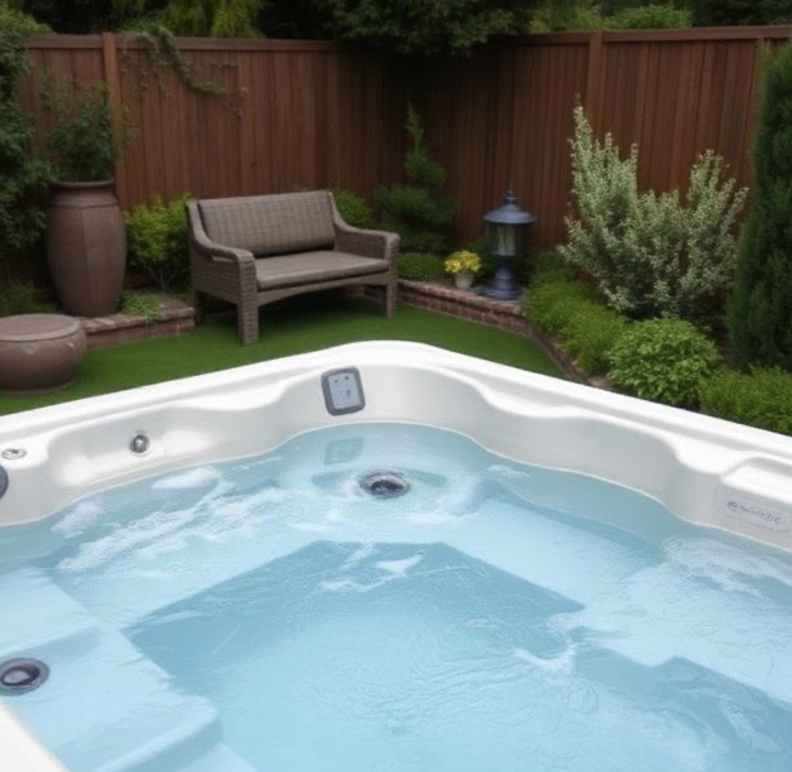 A white hot tub filled with clear blue water in a landscaped backyard with a wooden fence, seating area, and greenery
