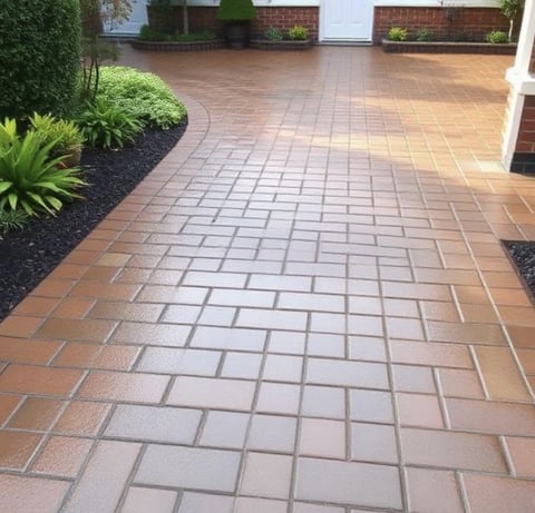 Paved residential driveway with terracotta brick herringbone pattern, flanked by landscaped garden beds and green shrubs