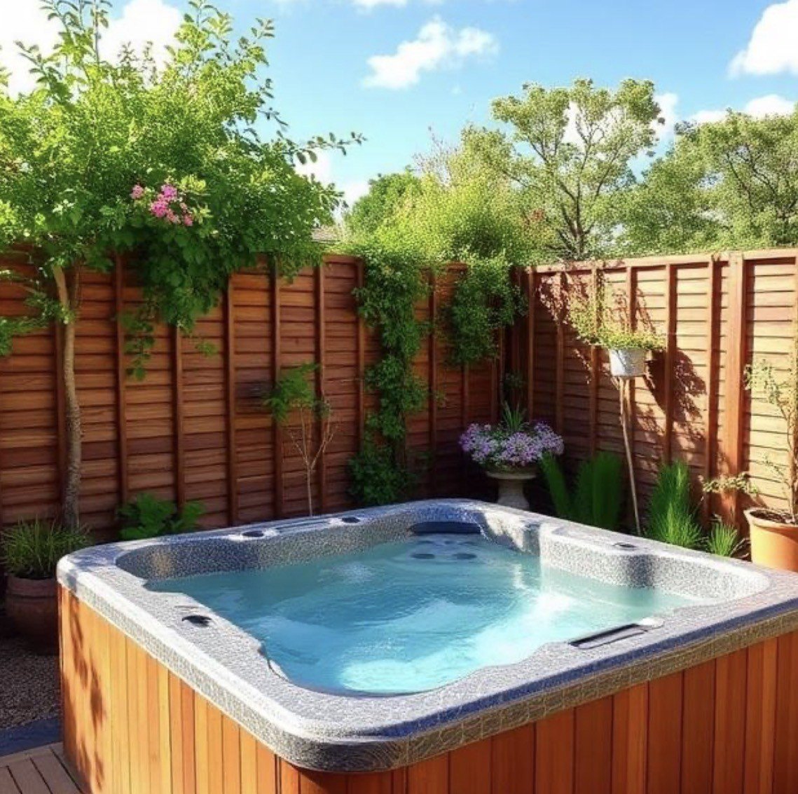 Hot tub with blue water in wooden backyard surrounded by brown fence panels and lush green plants