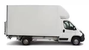 White delivery truck with large cargo box on white background
