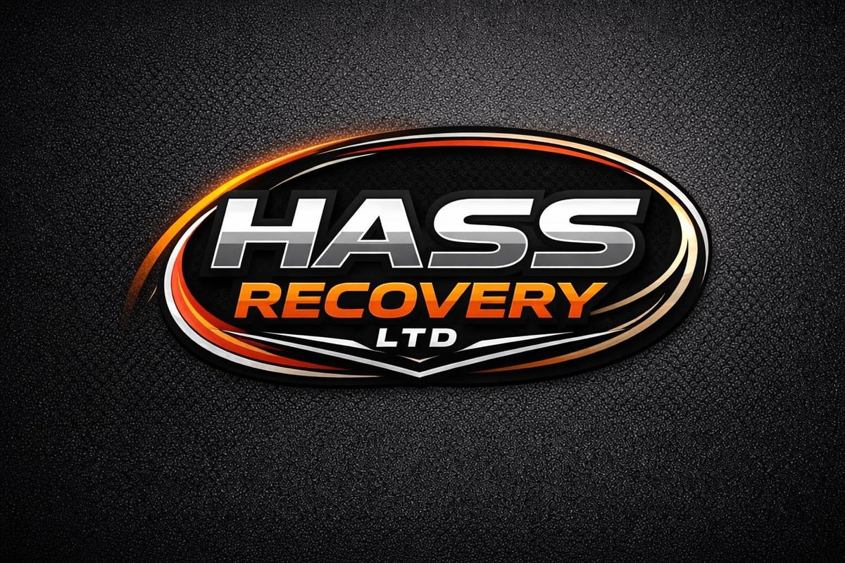 Hass Recovery Ltd logo featuring an oval badge with orange and silver accents on a dark textured background