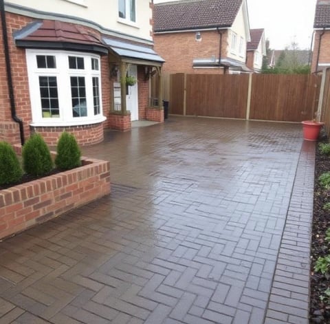 Modern residential driveway with herringbone paved finish in front of brick house with curved bay window and wooden fence